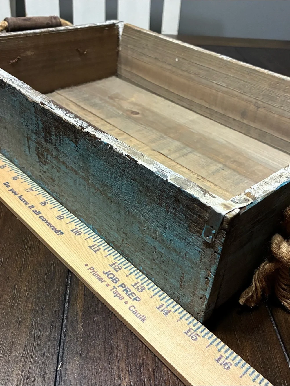 Farmhouse Painted Wood Rectangle Serving Tray Rope Handles Brown White Blue